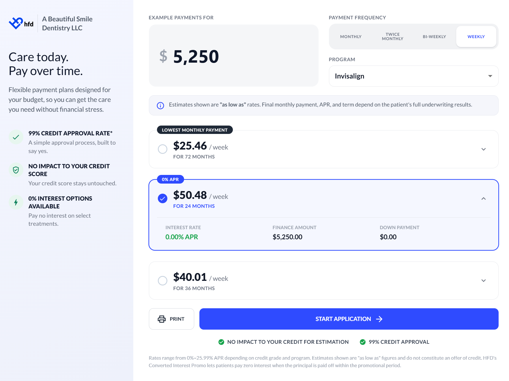 HFD Invisalign financing at A Beautiful Smile Dentistry in Fort Lee NJ, showing $25.46 weekly payments over 72 months and a 0% APR financing option.